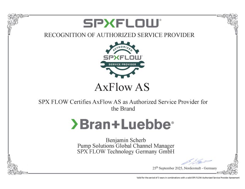 ASP-sertifikat for AxFlow Norge, utstedt av Bran+Luebbe
