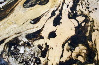Vue d'en haut d'un liquide sombre recouvert d'un film noir et de matières solides à la surface