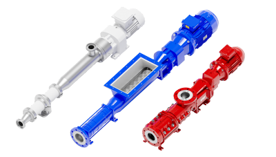 Drei verschiedene Exzenterschneckenpumpen mit Gewindeanschluss, gro0&szlig;em Einlaufrichter und standardisierten Industrieflansch 