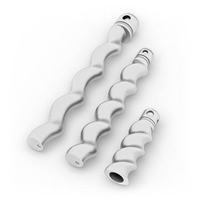 Drei Statoren aus Edelstahl mit unterschiedlichen Steigungen und Gangtiefe.