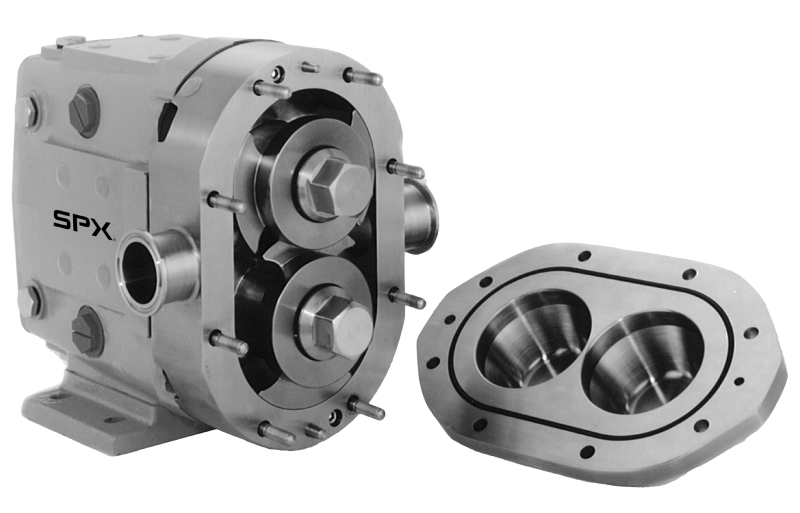 Waukesha Cherry-Burrell Universal 2 mit Free-Drain-Body Kreiskolbenpumpen mit Free-Drain-Gehäuse und offenem Gehäusedeckel