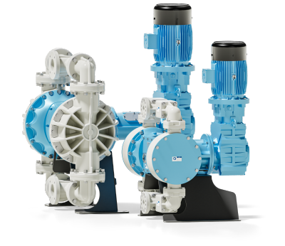 Zwei elektrisch betriebene Membranpumpen aus Kunststoff, dargestellt in der Seitenansicht.