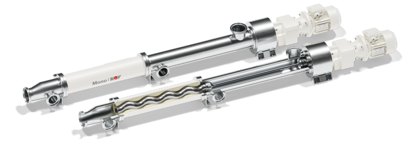 NOV Mono Exzenterschneckenpumpe F165 Zwei hygienische Exzenterschneckenpumpen derselben Modellgröße, gezeigt als vollständiges Modell und als Schnittmodell.