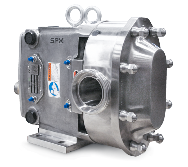 Waukesha Cherry-Burrell Universal II positive displacement pump in stainless steel, designed for sanitary applications in the food, dairy, and pharmaceutical industries