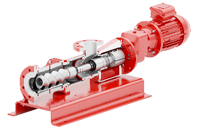 Eine Exzenterschneckenpumpe mit Grundplatte, Getriebe und Motor im Querschnitt