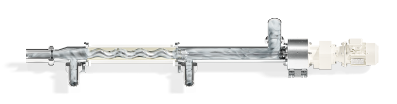 Hygienische Exzenterschneckenpumpe F165B von Mono im SIP-Prozess Querschnitt einer hygienischen Exzenterschneckenpumpe die in der standardisierten CIP-Reinigung mit Dampf sterilisiert wird.