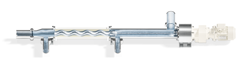 Hygienische Exzenterschneckenpumpe F165B von Mono im CIP-Prozess Querschnitt einer hygienischen Exzenterschneckenpumpe die in der standardisierten CIP-Reinigung mit Wasser gespült wird.