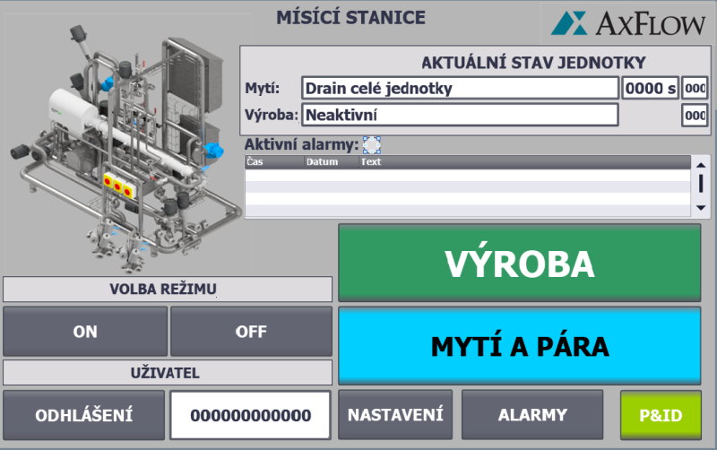 Vizualizace HMI rozhran&iacute; m&iacute;sic&iacute; stanice AxFlow pro ř&iacute;zen&iacute; v&yacute;roby, myt&iacute;, parn&iacute;ho či&scaron;těn&iacute;, alarmů a provozn&iacute;ch režimů