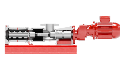 Řez vřetenov&yacute;m čerpadlem NOV Mono EZstrip Scion zn&aacute;zorňuj&iacute;c&iacute; rotor, stator, spojovac&iacute; č&aacute;sti a pohon čerpadla