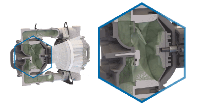 Klapkové ventily vzduchomembránového čerpadla Animace činnosti klapkových ventilů čerpadla SANDPIPER Heavy Duty Flap pro kapaliny s velkými, vláknitými nebo sedimentujícími částicemi