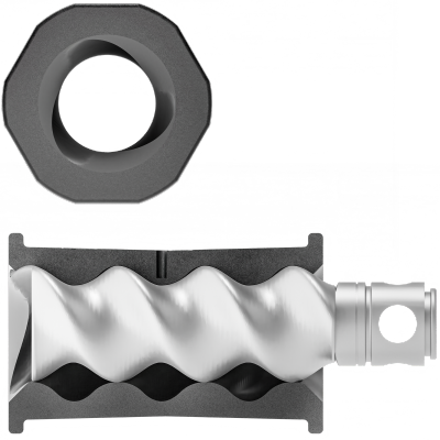 Die Abbildung zeigt den Stator der Scion-Exzenterschneckenpumpen sowohl in der Vorderansicht als auch in der Seitenansicht.