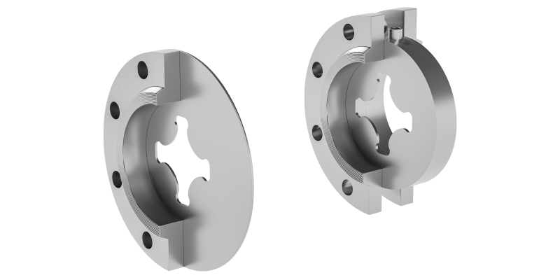 Statische Mischer von NOV Kenics der Baureihe UltraPlate Querschnitt zweier statischer Mischer mit scheibenförmigen Mischelementen und Injektionsstelle