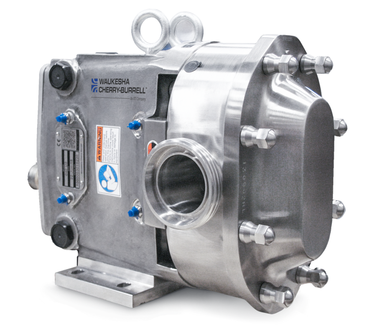 Waukesha Cherry-Burrell Universal II positive displacement pump in stainless steel, designed for sanitary applications in the food, dairy, and pharmaceutical industries