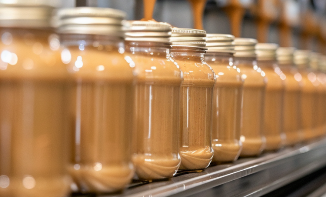Masło orzechowe w słoikach na linii produkcyjnej – stabilna konsystencja bez separacji oleju