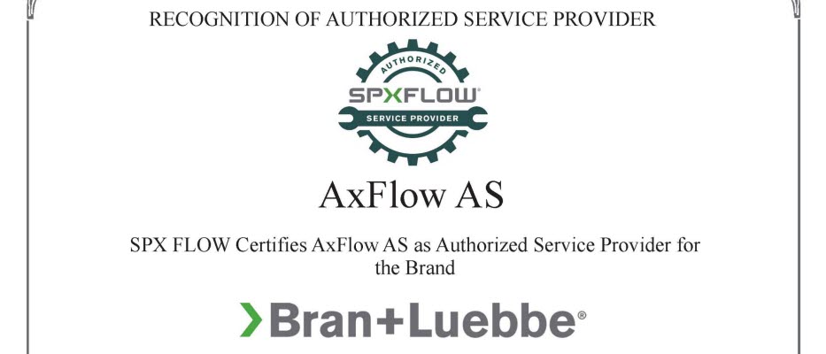 ASP-sertifikat for AxFlow Norge, utstedt av Bran+Luebbe